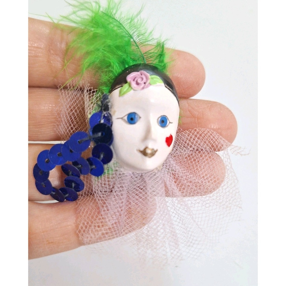 Vintage Mardi Gras Clown Doll Face Brooch Pin Art Deco Feather Sequin